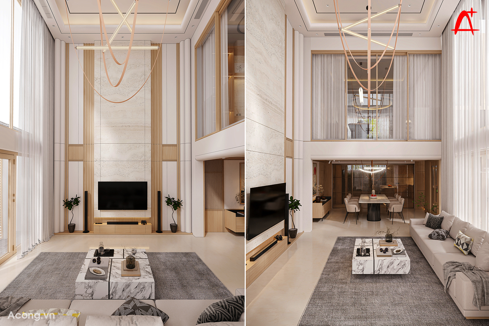 Phòng khách nhà liền kề thiết kế hiện đại với sofa sáng màu và thông tầng